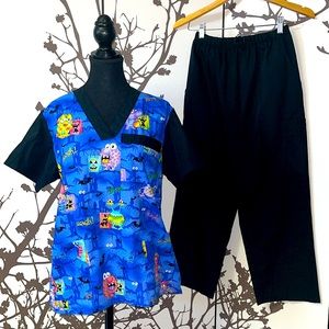 A&A Style Scrubs Halloween Cartoon Blue Scrub Top T-Shirt&Bottoms Pants NWOT $45